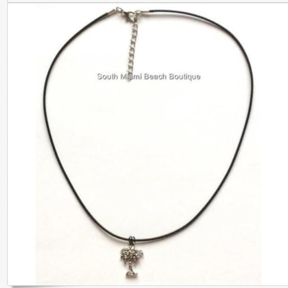 Palm Tree Necklace Silver Plated Black Cord Coconut Island Beach Surfer Hawaiian - Picture 4 of 8